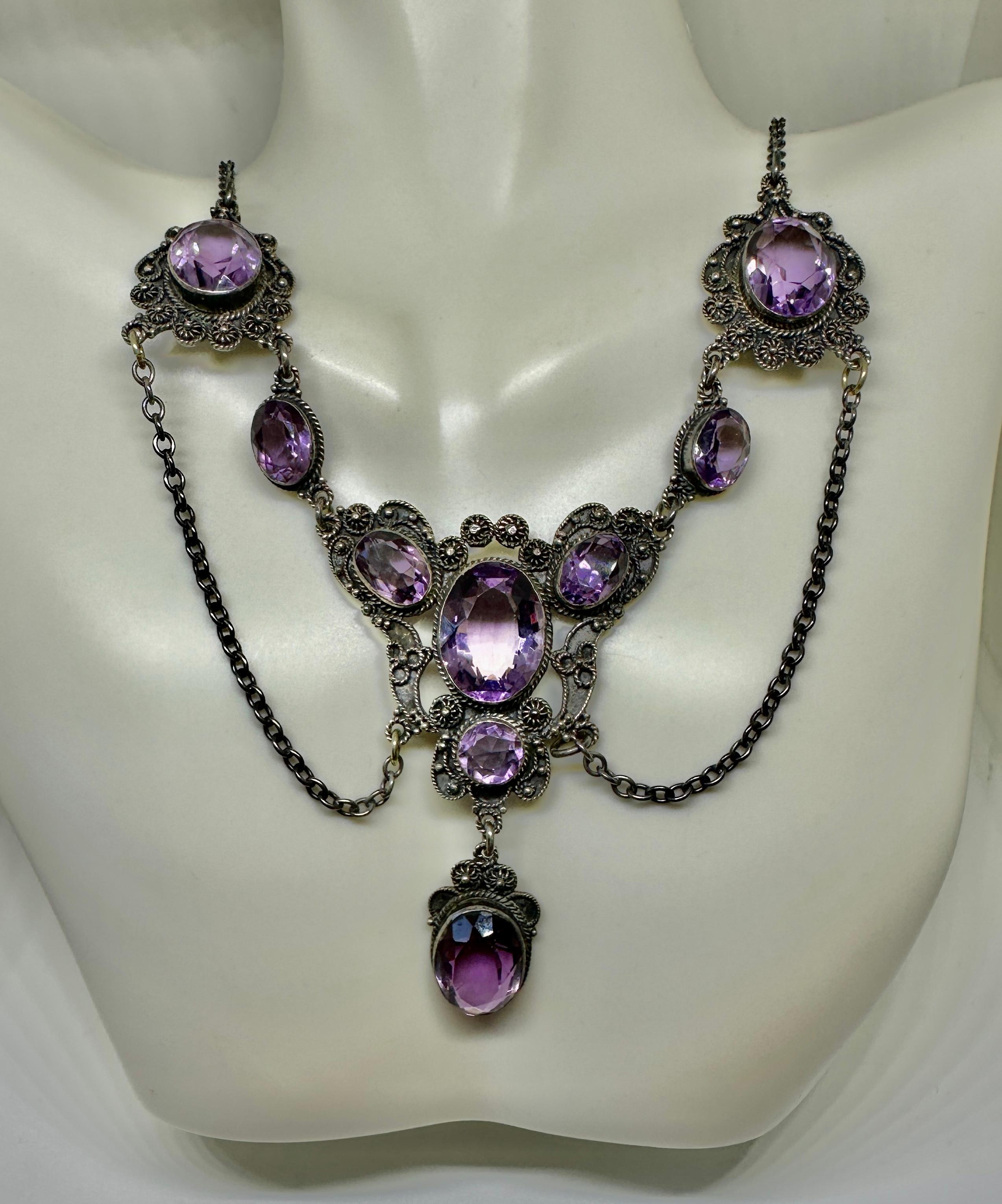 Women's Belle Epoque Amethyst Festoon Necklace Sterling Silver Antique Art Nouveau For Sale
