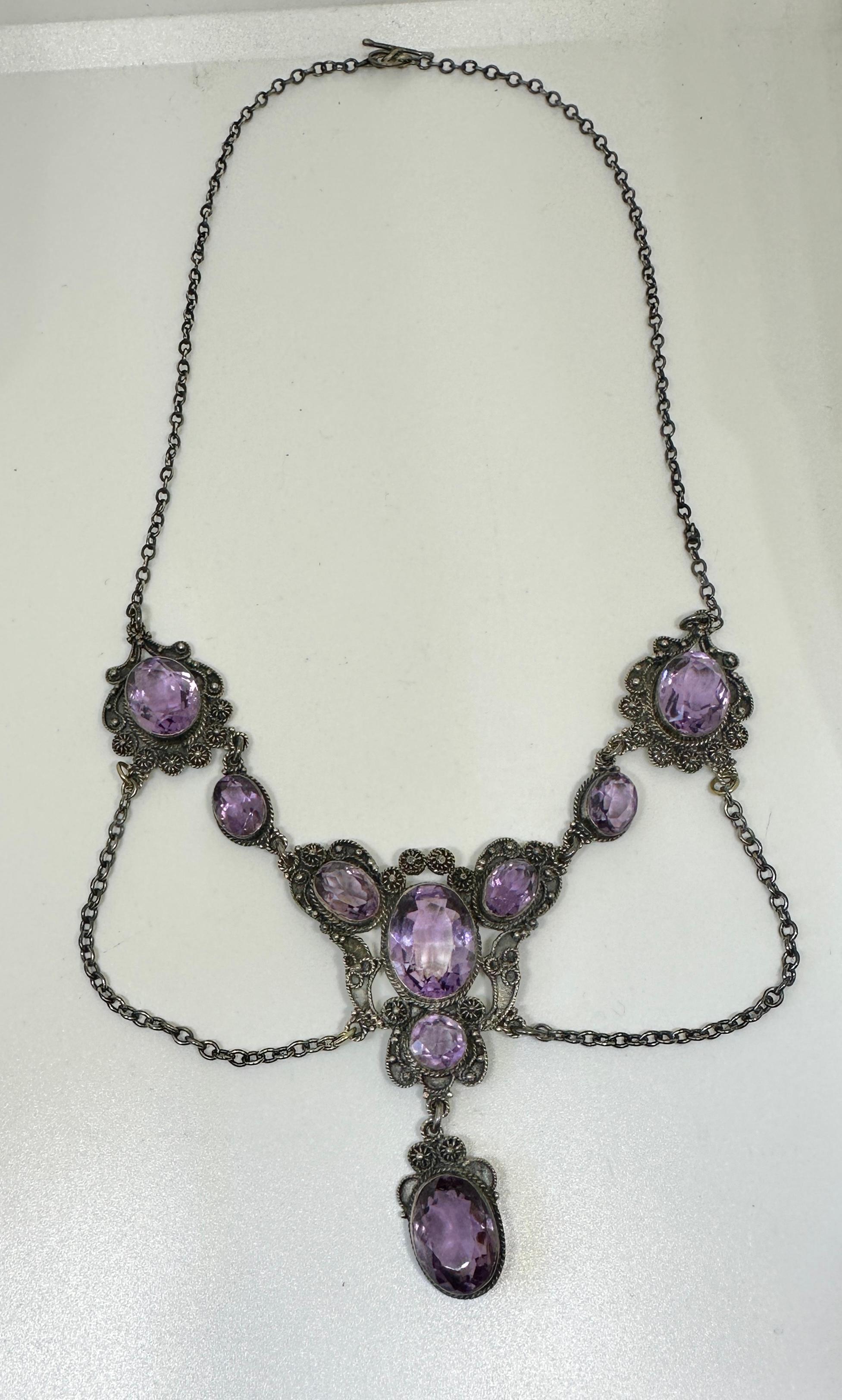 Belle Epoque Amethyst Festoon Necklace Sterling Silver Antique Art Nouveau For Sale 1