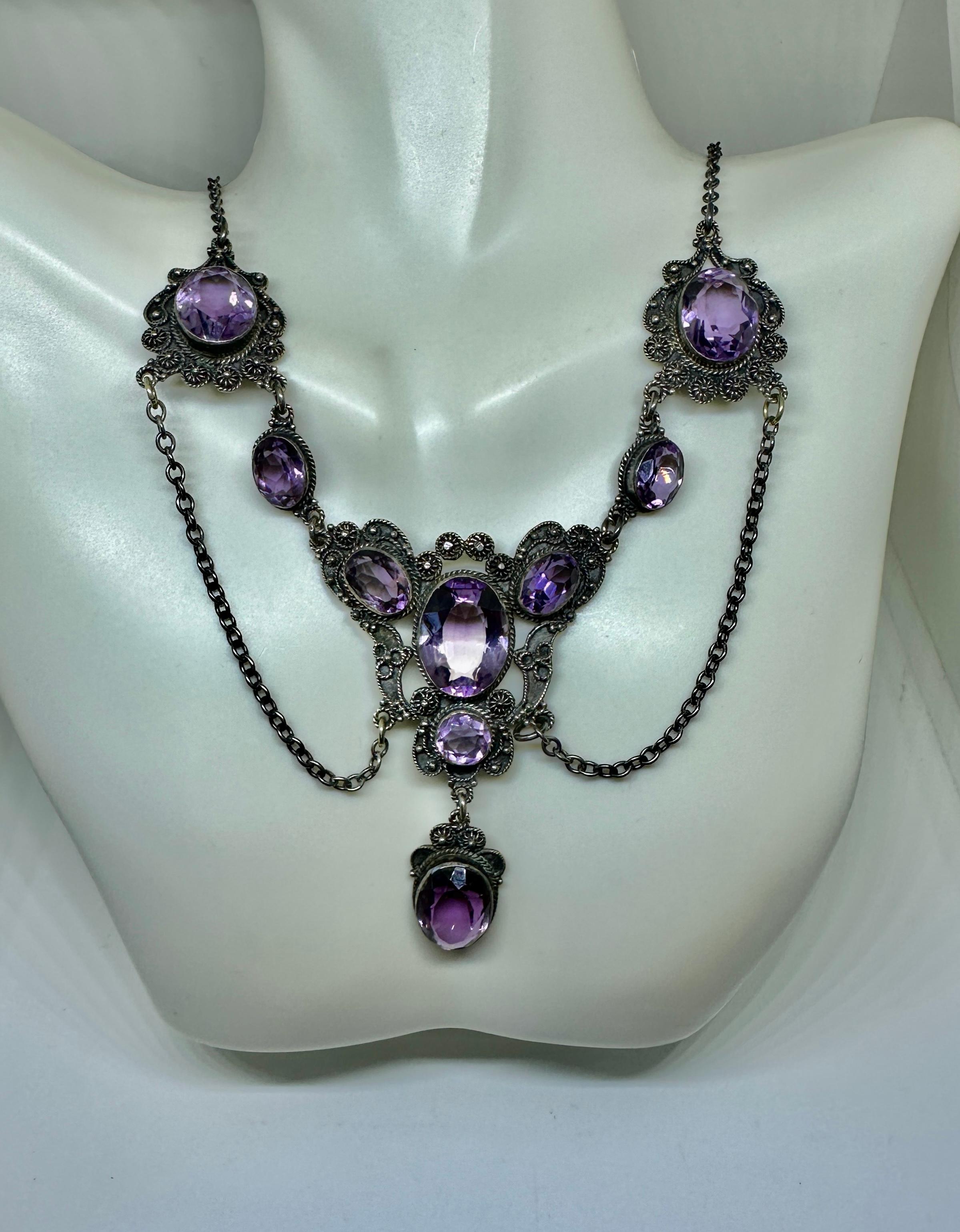 Belle Epoque Amethyst Festoon Necklace Sterling Silver Antique Art Nouveau For Sale 2