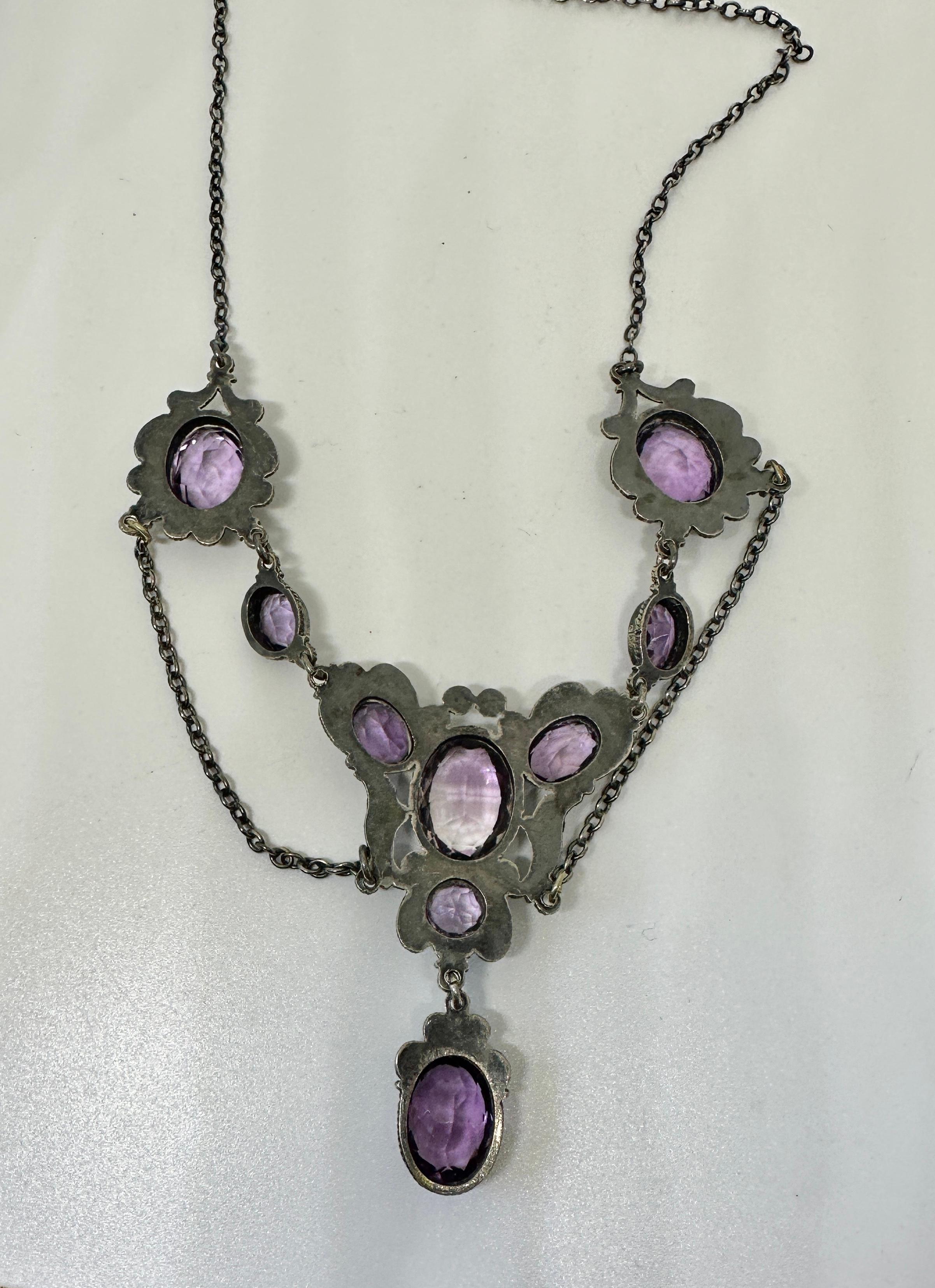 Belle Epoque Amethyst Festoon Necklace Sterling Silver Antique Art Nouveau For Sale 3