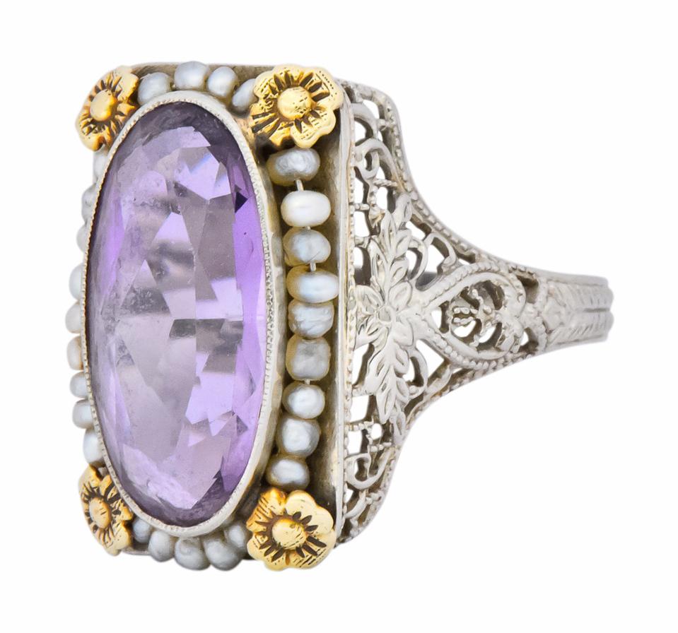 Belle Époque Amethyst Pearl 14 Karat Two-Tone Gold Cocktail Ring 1