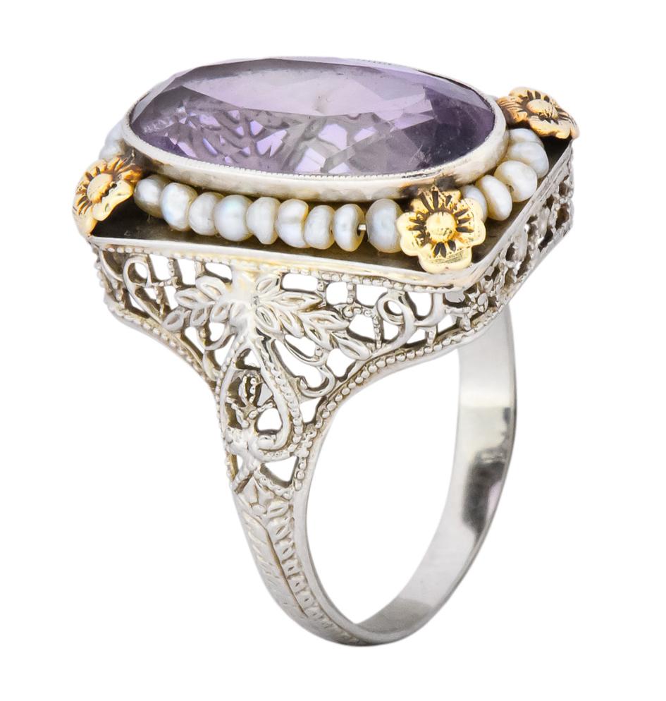 Belle Époque Amethyst Pearl 14 Karat Two-Tone Gold Cocktail Ring 4