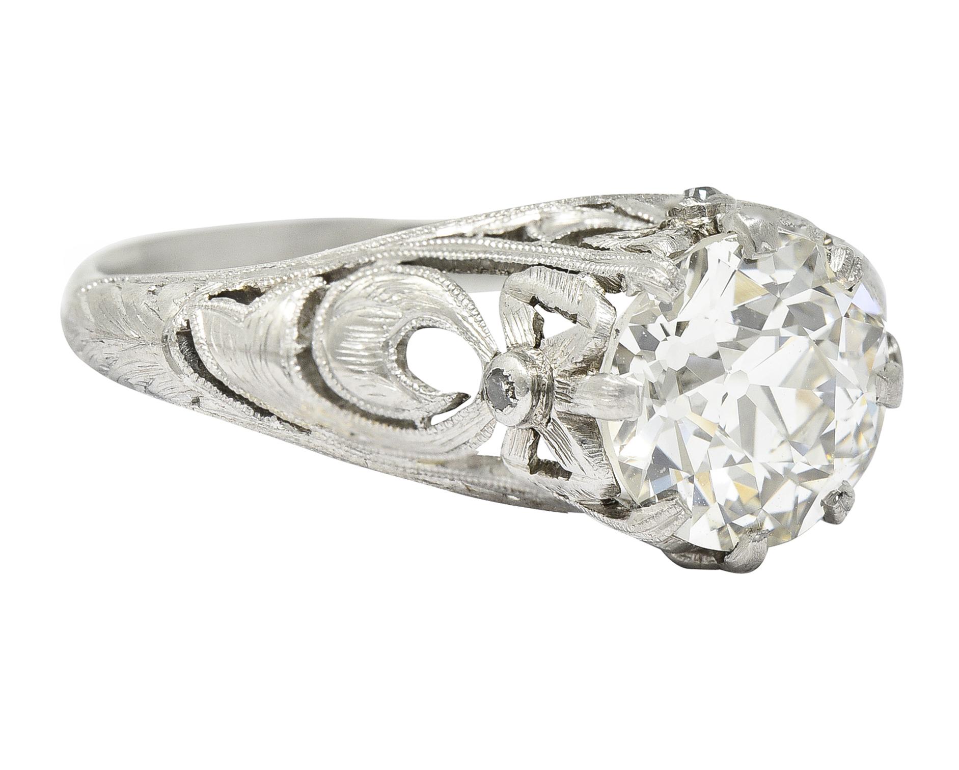 Old European Cut Belle Époque Antique 1.88 Carats Diamond Platinum Bow Engagement Ring GIA For Sale