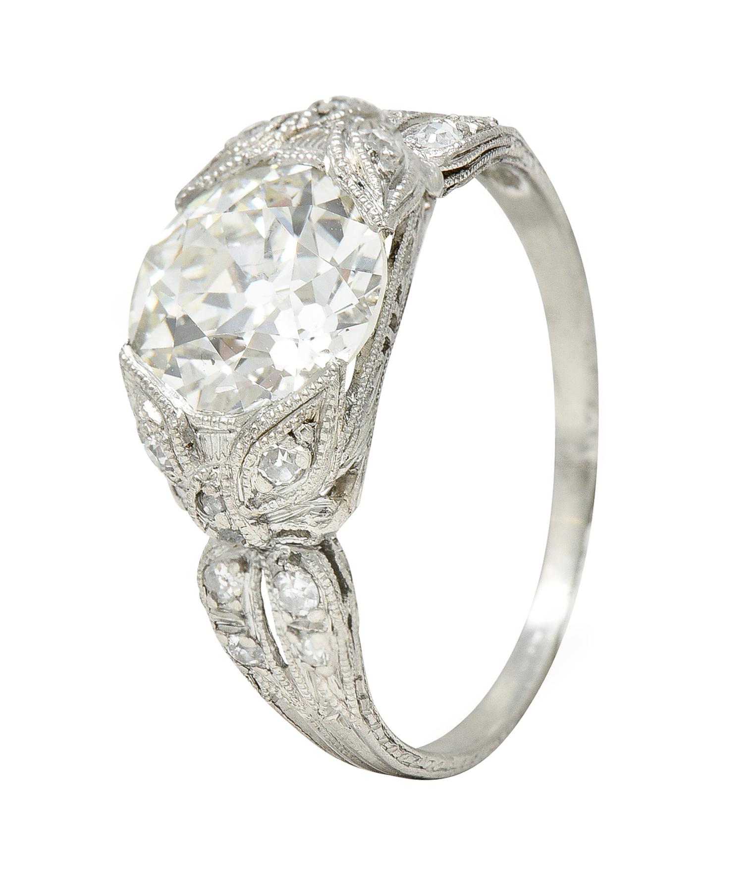Belle Epoque Antique 2.28 Carats Old European Diamond Platinum Engagement Ring In Excellent Condition For Sale In Philadelphia, PA