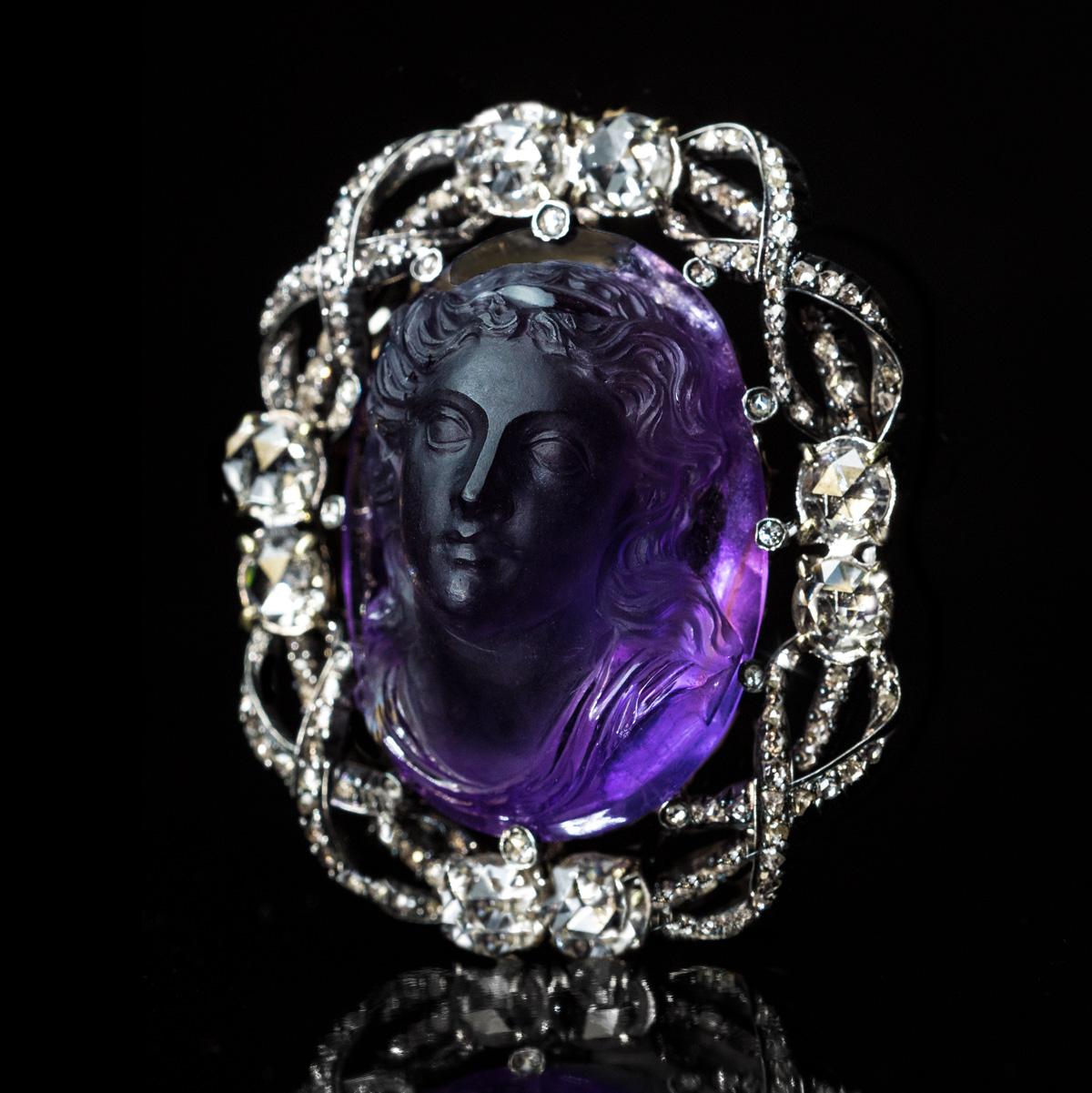 Belle Epoque Antique Amethyst Cameo Diamond Brooch Pendant In Excellent Condition In Chicago, IL