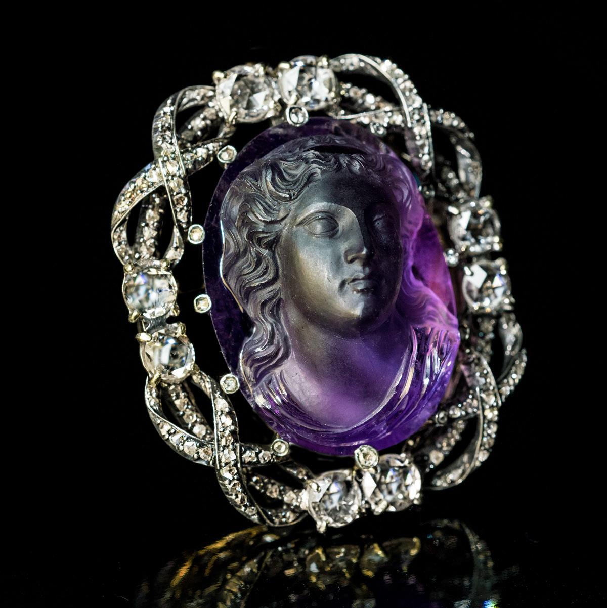 Women's Belle Epoque Antique Amethyst Cameo Diamond Brooch Pendant