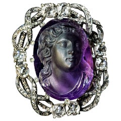 Belle Epoque Antique Amethyst Cameo Diamond Brooch Pendant