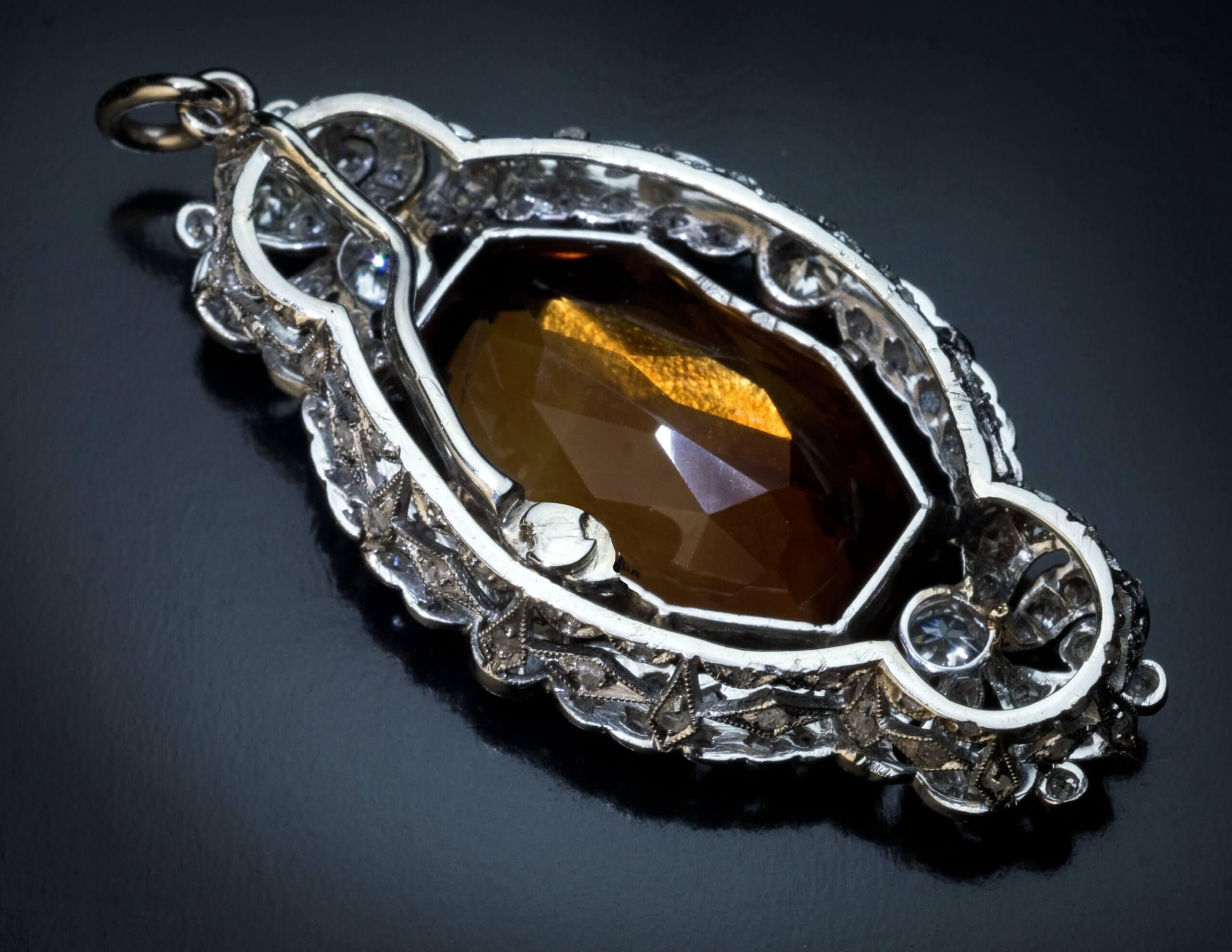 Old European Cut Belle Epoque Antique Citrine Diamond Platinum Pendant For Sale