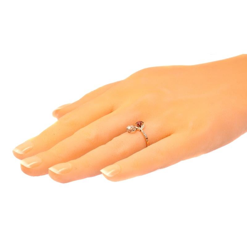 Belle Époque Antique Diamond and Natural Ruby Ring Romantic Motive Toi et Moi For Sale 3