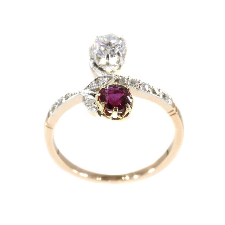 Belle poque Antique Diamond and Natural Ruby Ring  