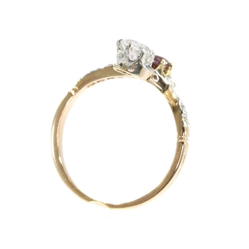 Women's Belle Époque Antique Diamond and Natural Ruby Ring Romantic Motive Toi et Moi For Sale