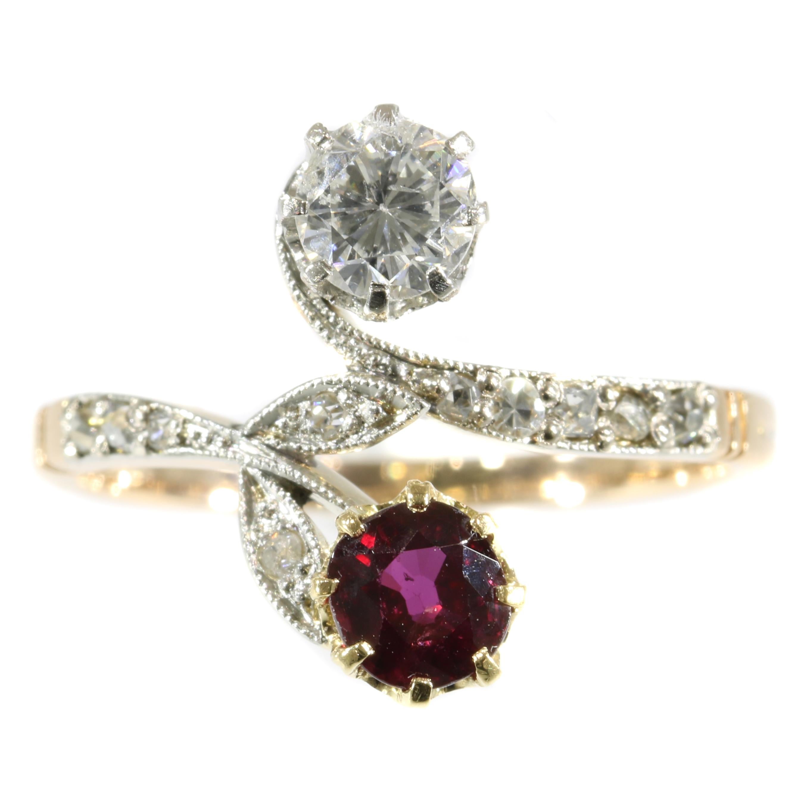 Belle Époque Antique Diamond and Natural Ruby Ring Romantic Motive Toi et Moi For Sale