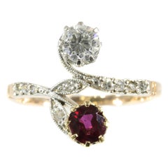 Belle Époque Antique Diamond and Natural Ruby Ring Romantic Motive Toi et Moi