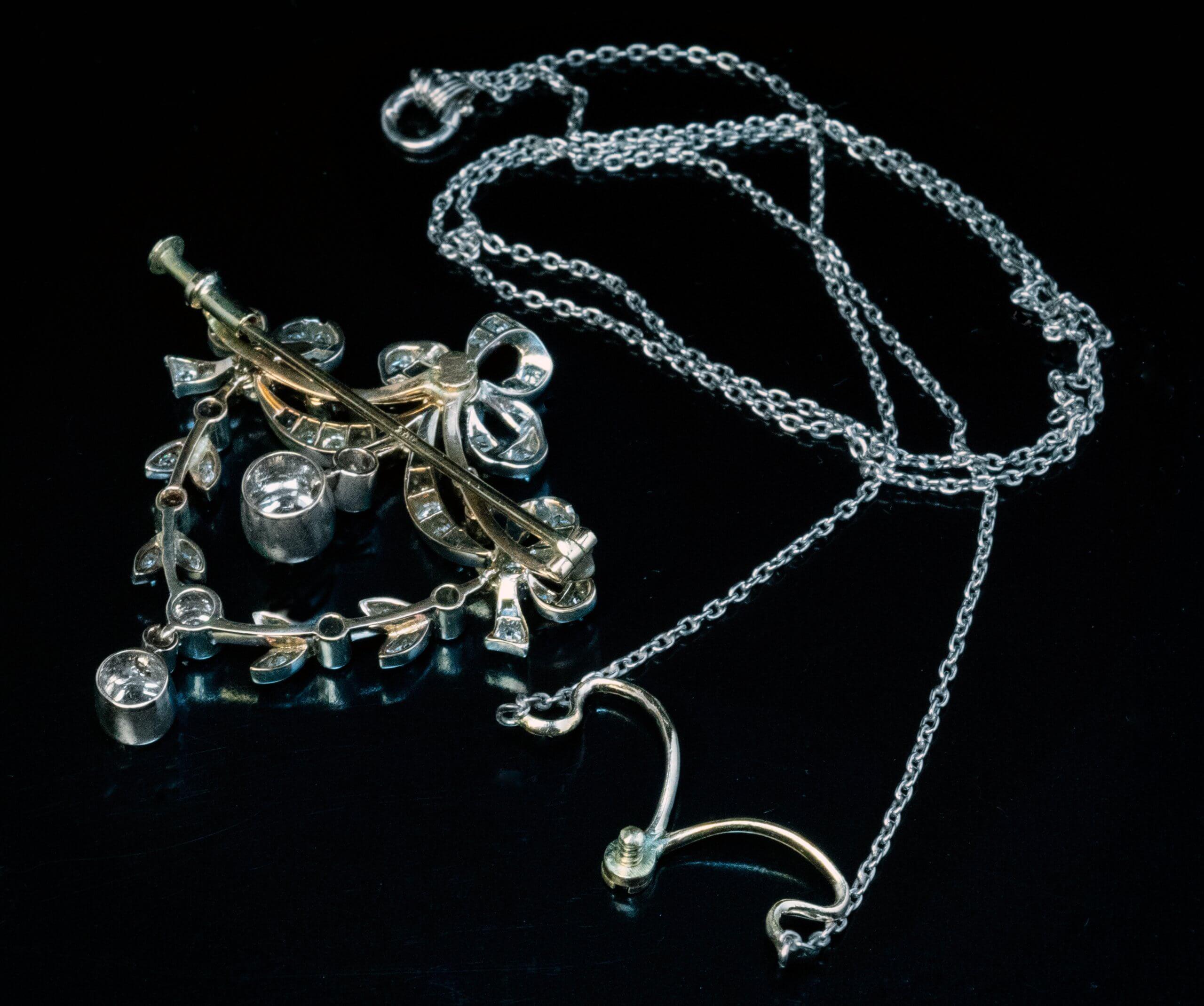 Old Mine Cut Belle Epoque Antique Diamond Brooch Necklace For Sale