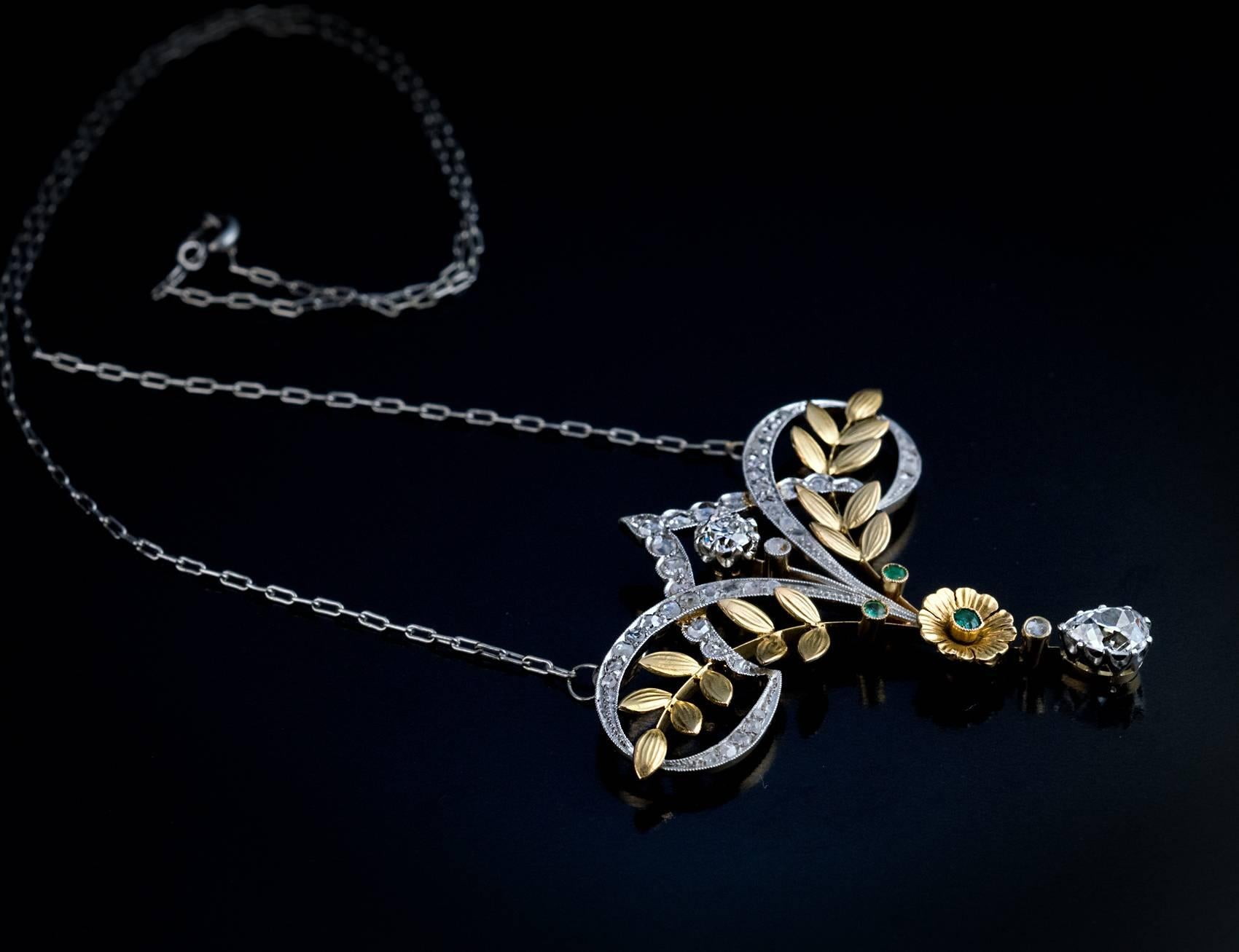 Edwardian Belle Époque Antique Diamond Emerald Platinum Gold Necklace