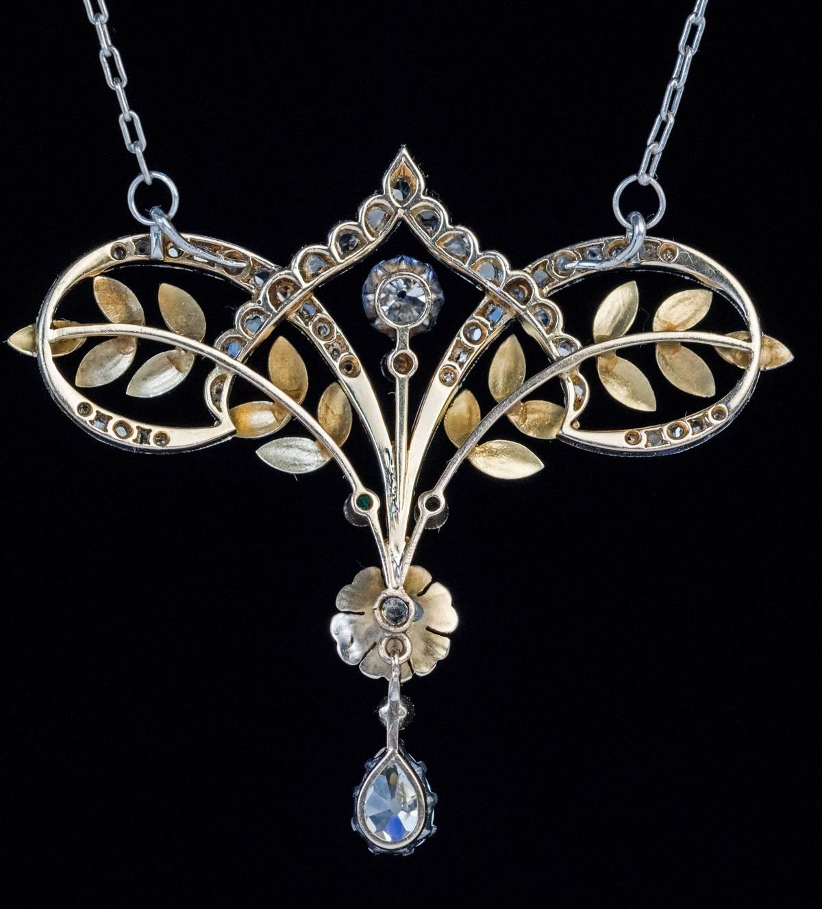 Belle Époque Antique Diamond Emerald Platinum Gold Necklace In Excellent Condition In Chicago, IL