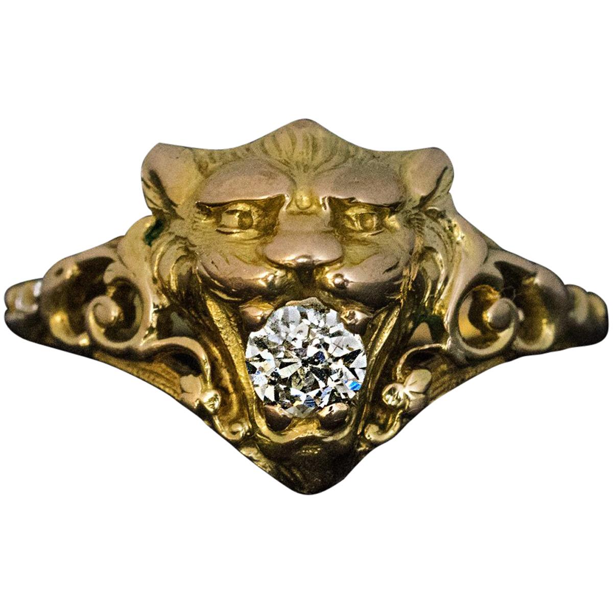 Belle Époque Antique Diamond Gold Lion Ring