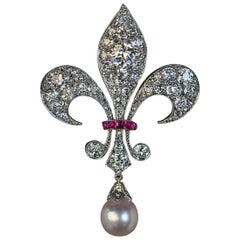 Belle Epoque Antique Diamond Pearl Ruby Fleur-de-Lis Brooch
