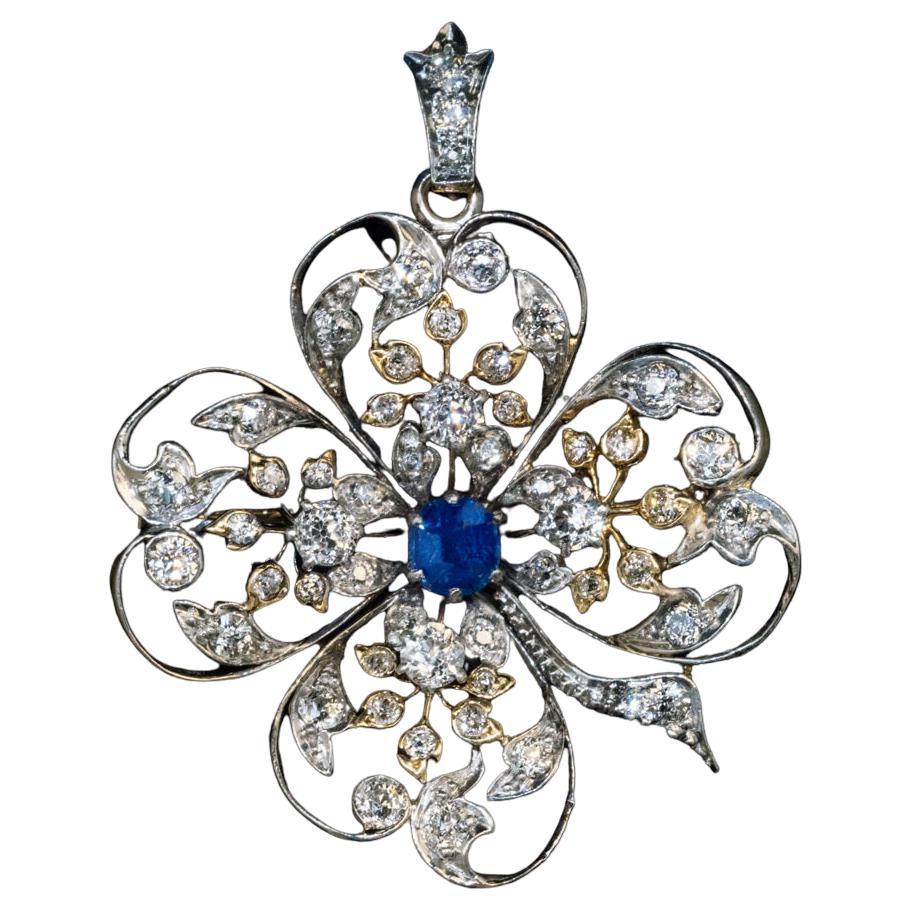 Belle Epoque Antique Diamond Sapphire Platinum Gold Clover Pendant Brooch