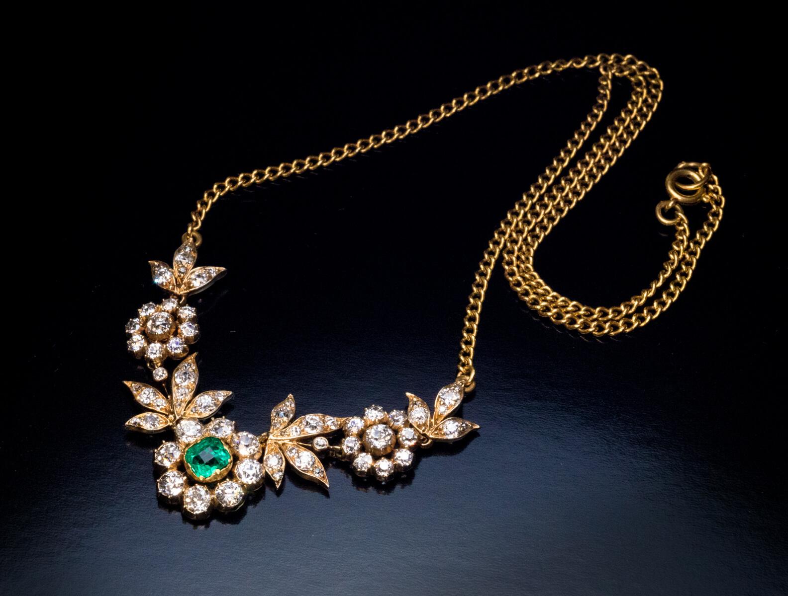 Belle Epoque Antike Smaragd-Diamant-Gold-Halskette (Belle Époque) im Angebot