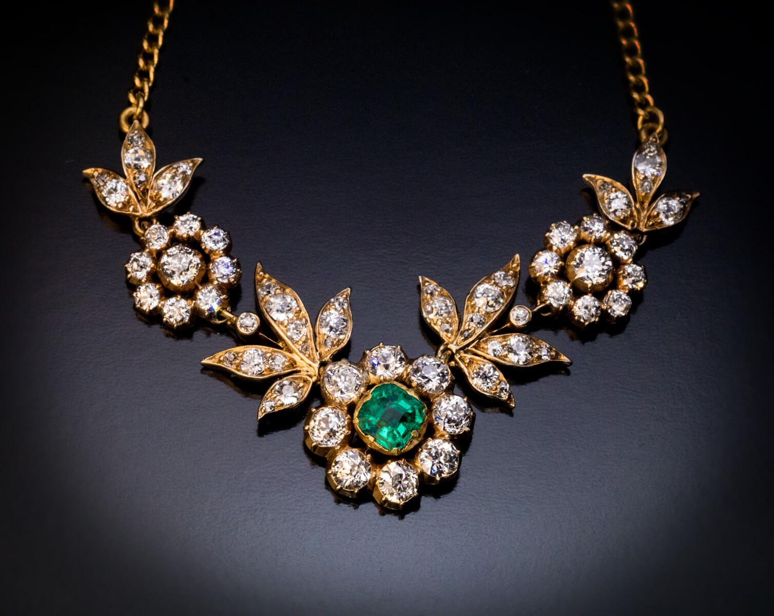Belle Epoque Antike Smaragd-Diamant-Gold-Halskette (Alteuropäischer Schliff)