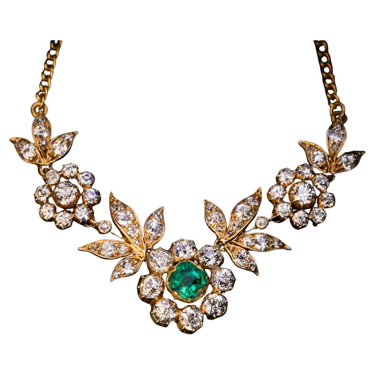 Belle Epoque Antique Emerald Diamond Gold Necklace For Sale