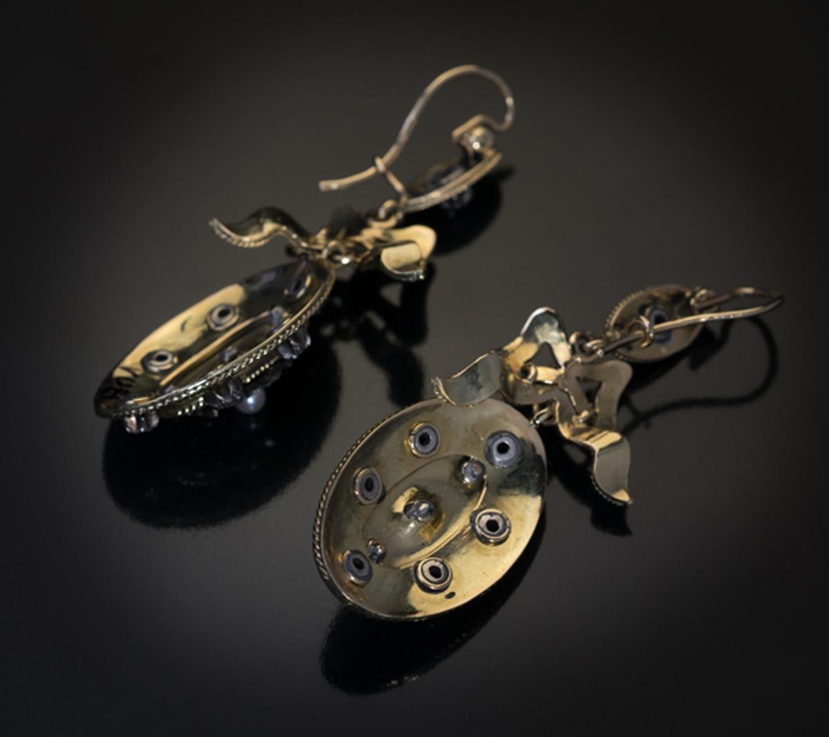 Belle Epoque Antique Enamel Diamond Pearl Dangle Earrings In Excellent Condition In Chicago, IL
