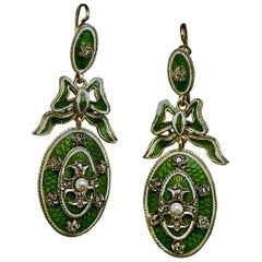 Belle Epoque Antique Enamel Diamond Pearl Dangle Earrings