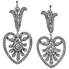 Belle Epoque Antique Heart Motif Diamond Dangle Earrings
