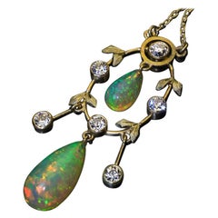 Belle Époque Antique Opal Diamond Gold Necklace