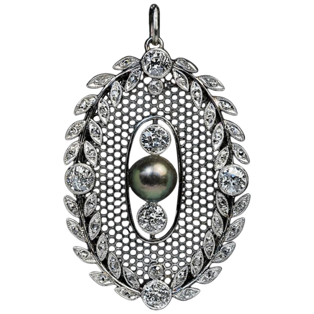 Belle Epoque Antique Pearl Diamond Platinum Pendant