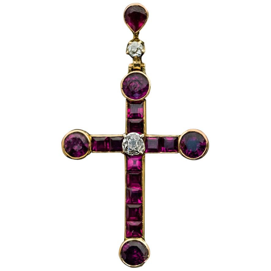 Belle Époque Antique Ruby and Diamond Cross Pendant