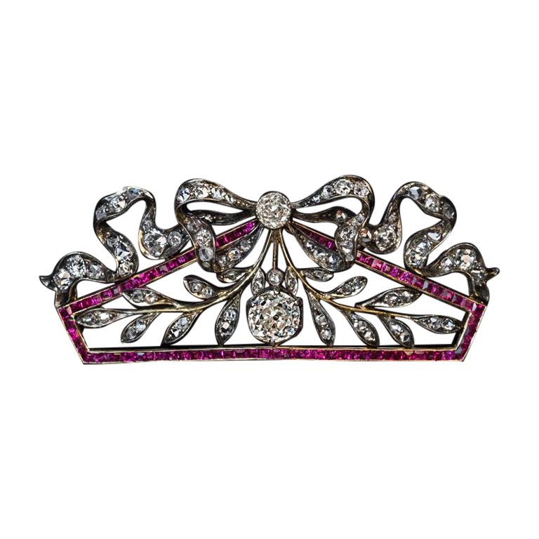 Belle Époque Antique Russian Diamond Ruby Brooch