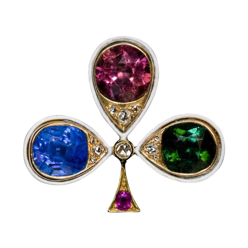 Broche en forme de trèfle en or, saphir, tourmaline et saphir, Belle Époque