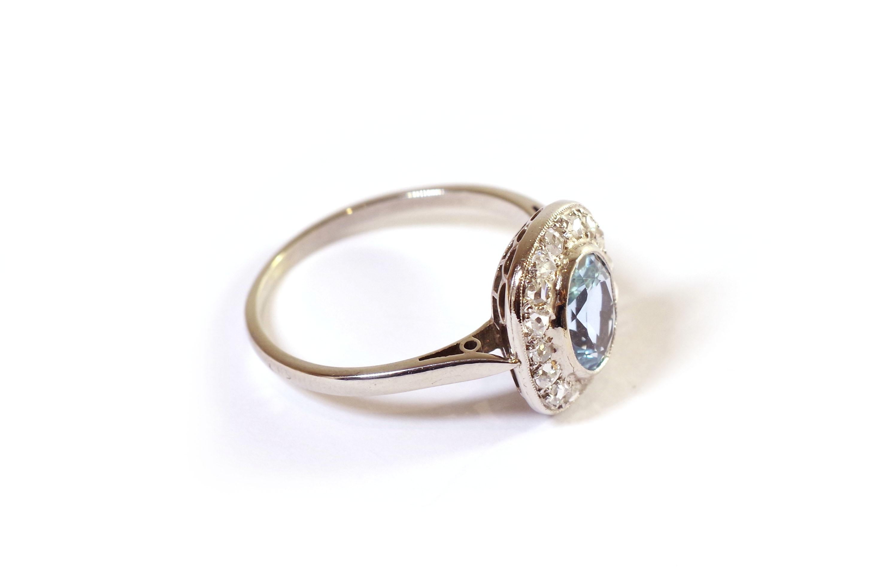 Oval Cut Belle Epoque Aquamarine Diamonds Ring in Gold and Platinum, Cluster Wedding Ring For Sale