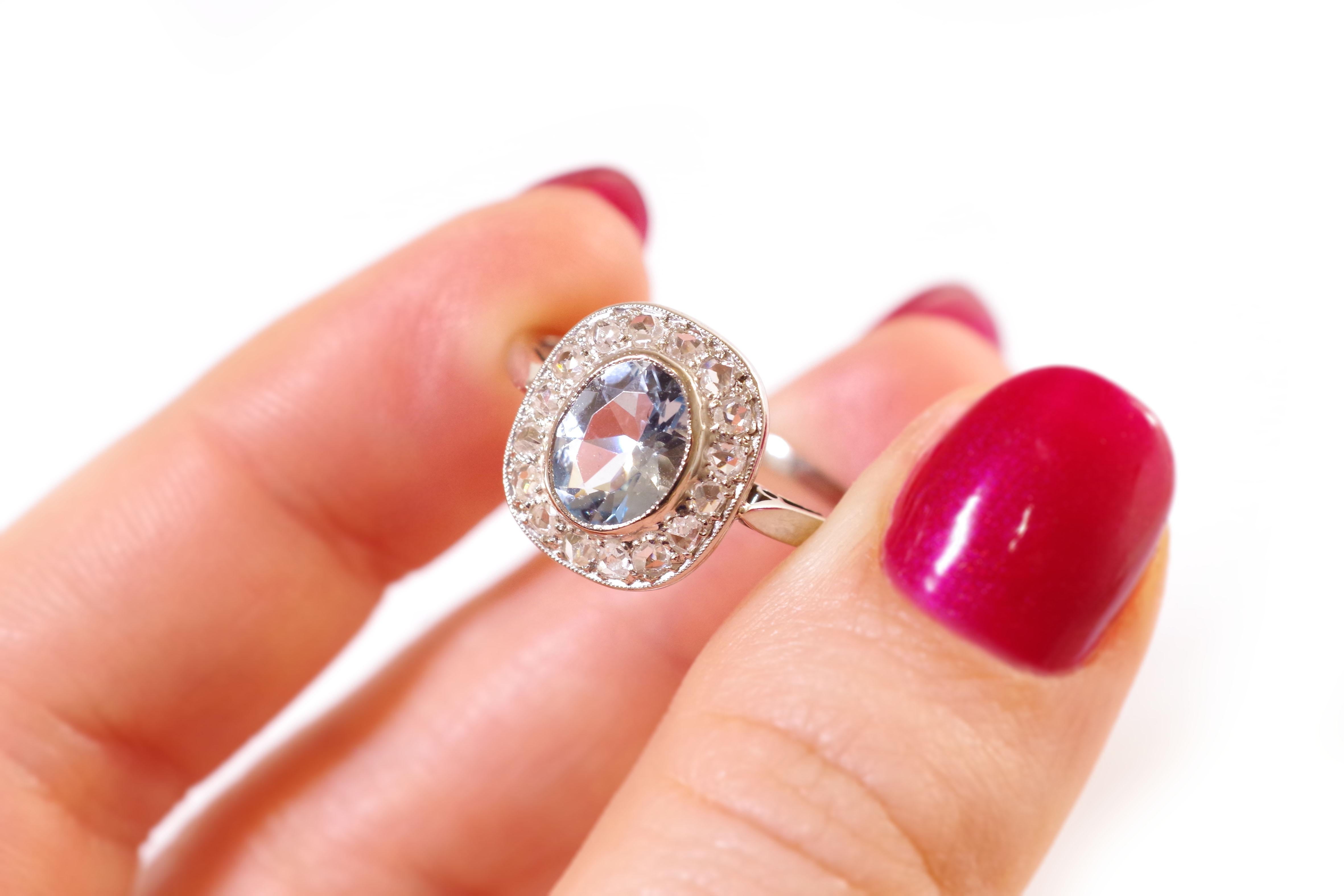 Women's Belle Epoque Aquamarine Diamonds Ring in Gold and Platinum, Cluster Wedding Ring For Sale