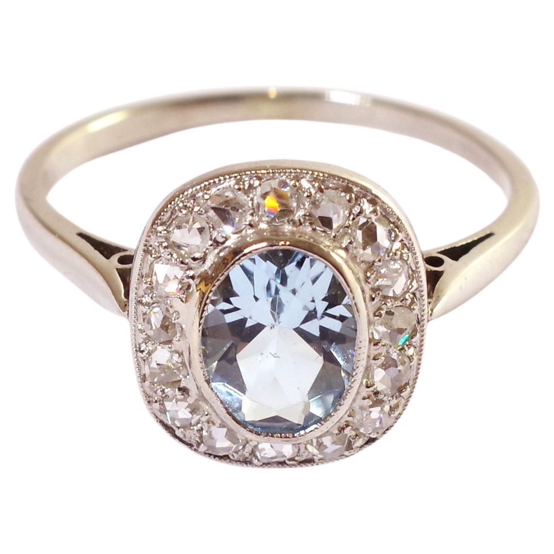 Belle Epoque Aquamarine Diamonds Ring in Gold and Platinum, Cluster Wedding Ring For Sale