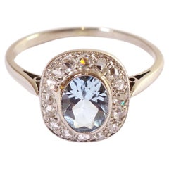 Belle Epoque Aquamarine Diamonds Ring in Gold and Platinum, Cluster Wedding Ring