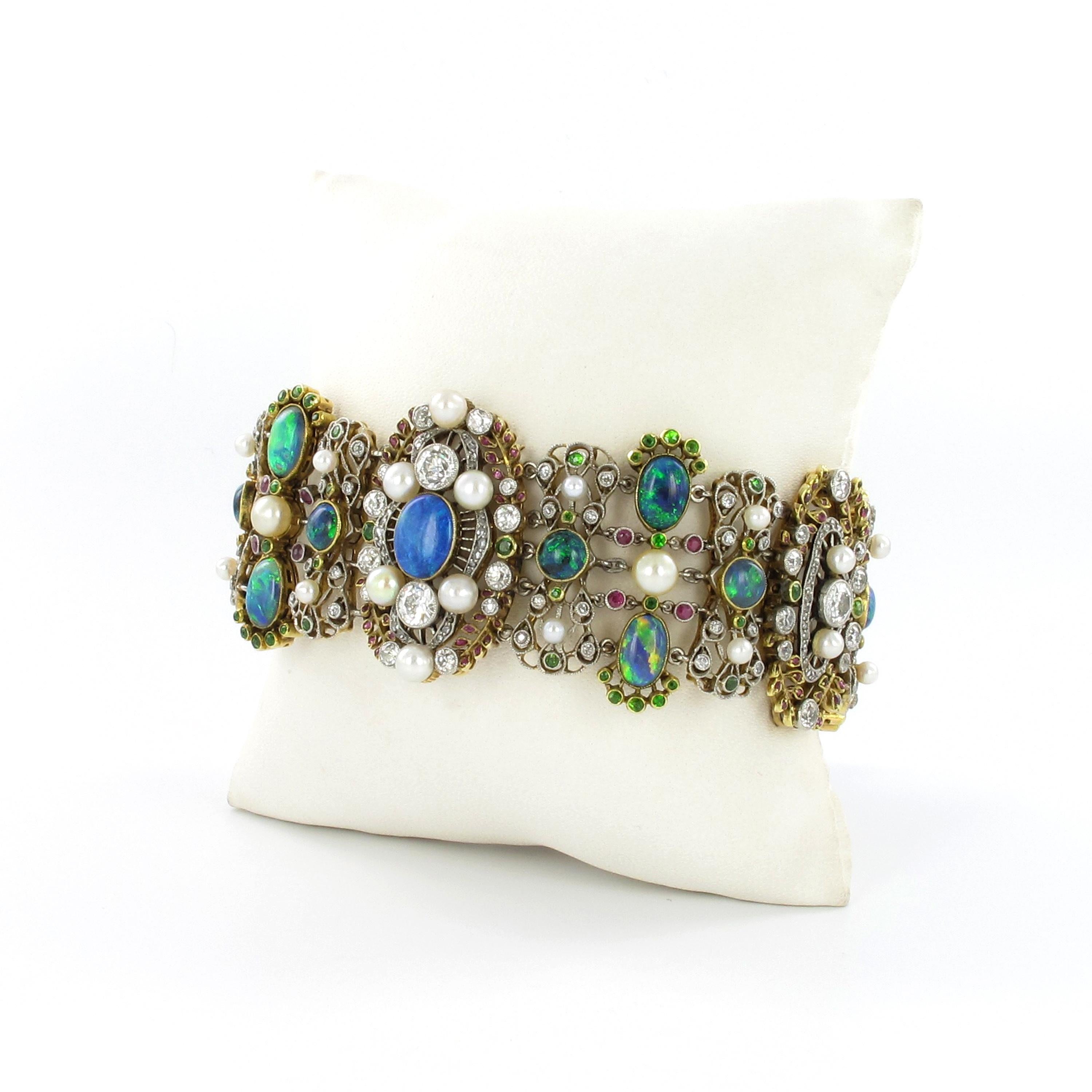 Old European Cut Belle Époque/Art Nouveau Bracelet with Opals, Pearls and Diamonds by Rothmuller For Sale
