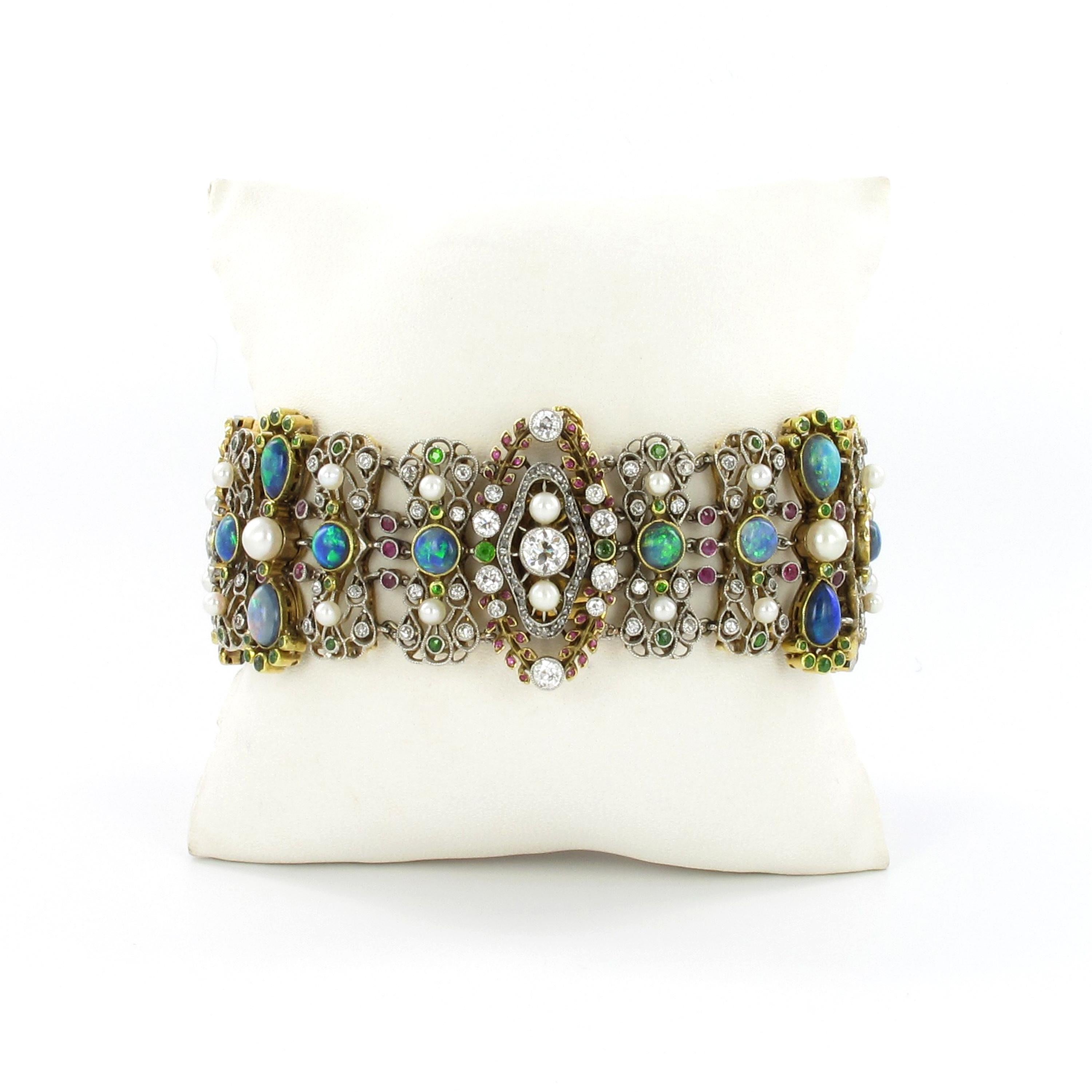 Women's or Men's Belle Époque/Art Nouveau Bracelet with Opals, Pearls and Diamonds by Rothmuller For Sale