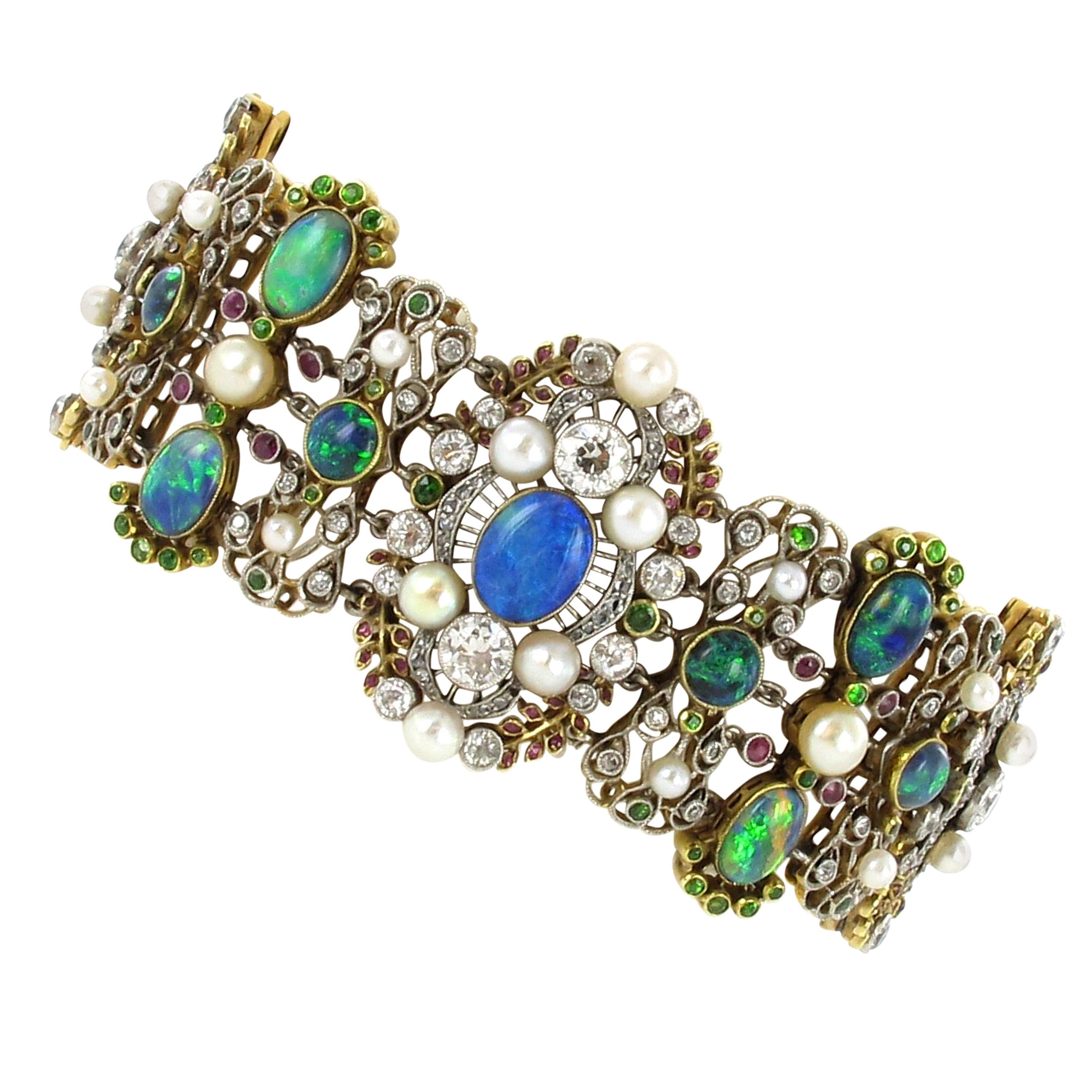Belle Époque/Art Nouveau Bracelet with Opals, Pearls and Diamonds by Rothmuller For Sale