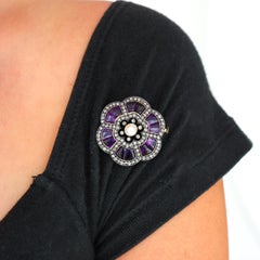 Belle Époque Austrian Amethyst Pearl Diamond Silver and Gold Brooch, Circa 1910