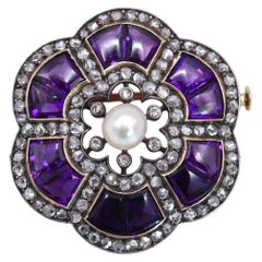 Belle Époque Austrian Amethyst Pearl Diamond Silver and Gold Brooch, Circa 1910