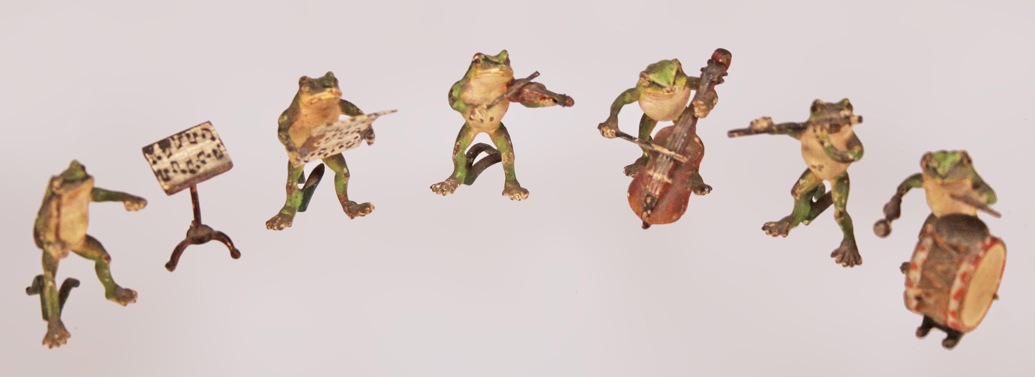 Belle Époque austrian/viennese group of cold-painted small bronze sculptures of band/musician frogs

By: unknown
Material: bronze, paint, copper, metal
Technique: cast, cold-painted, hand-painted, molded, painted, metalwork
Dimensions: 1 in x 1 in x
