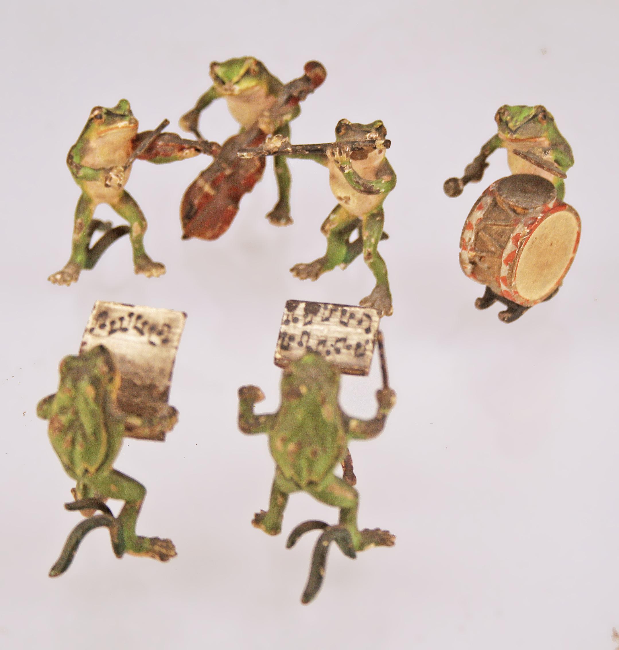 Painted Belle Époque Austrian/Viennese Group of Bronze Sculptures of Band/Musician Frogs For Sale