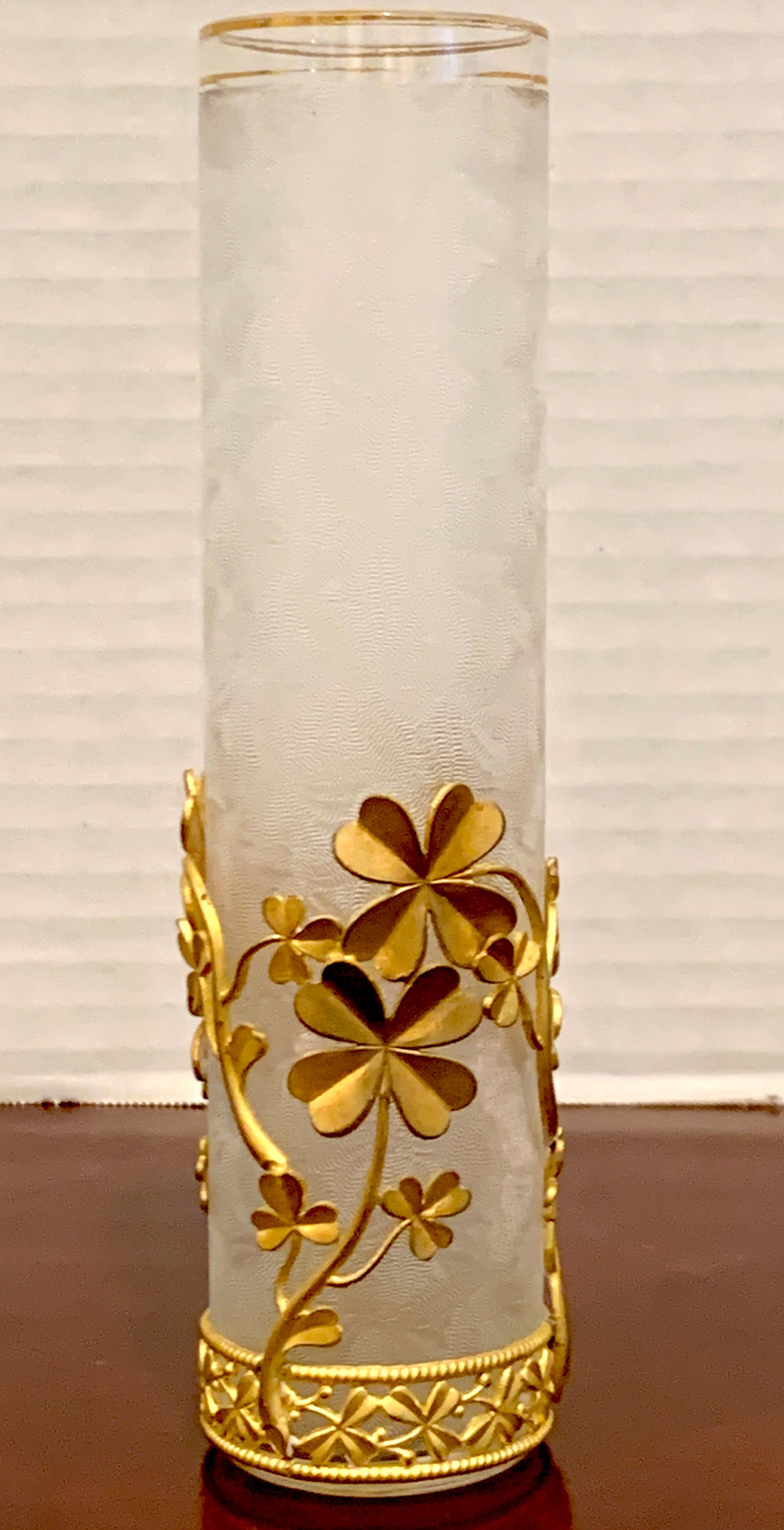 Belle Époque Baccarat (Attributed) four-leaf clover ormolu mounted vase, with typical gilt 'chipped ice' crystal mounted in a continuous frame of clovers, including numerous four-leaf clovers. Unmarked.