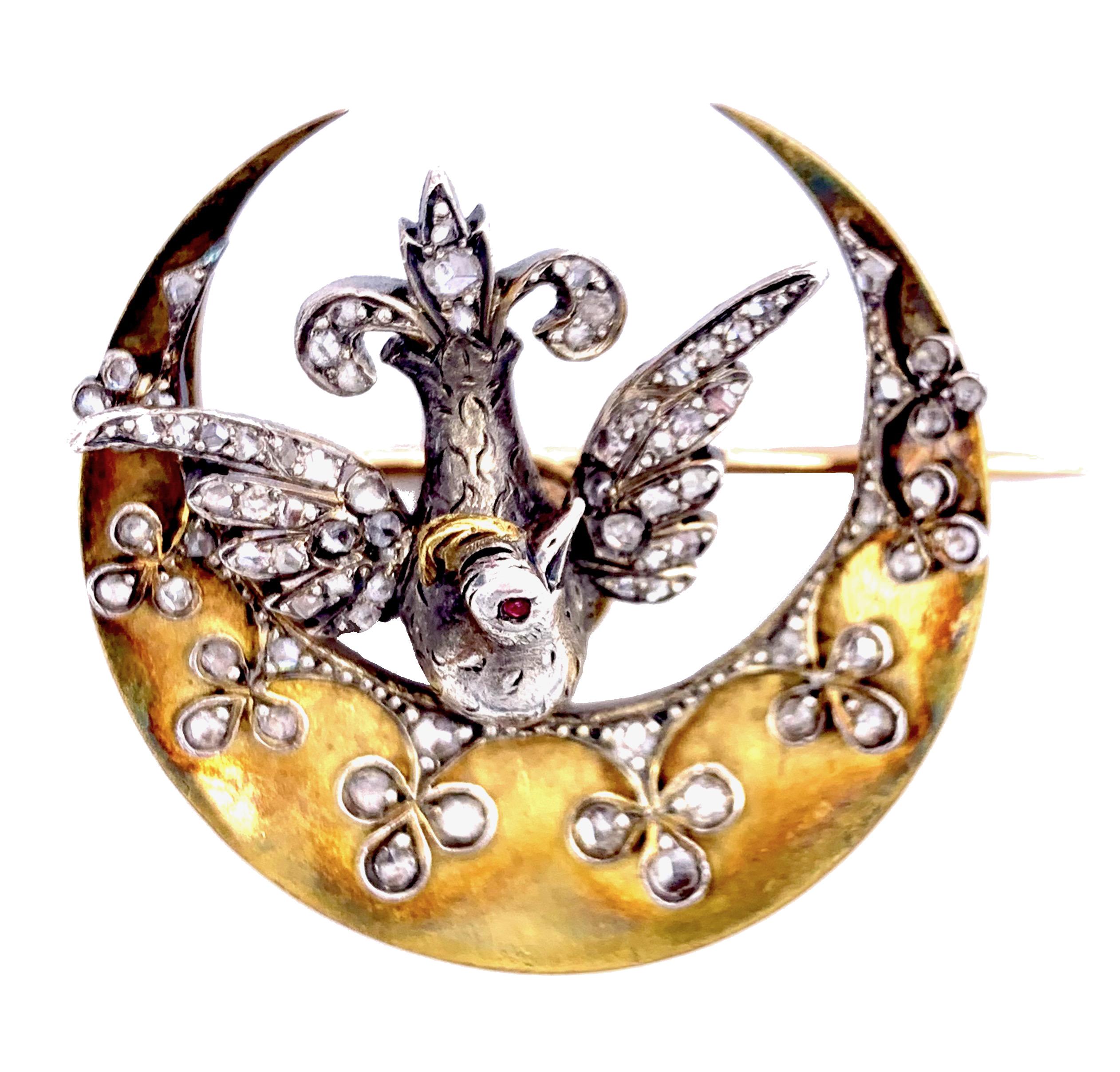 Belle Époque Bird of Paradise Crescent Trefoil Diamond Silver Gold Brooch In Good Condition For Sale In Munich, Bavaria