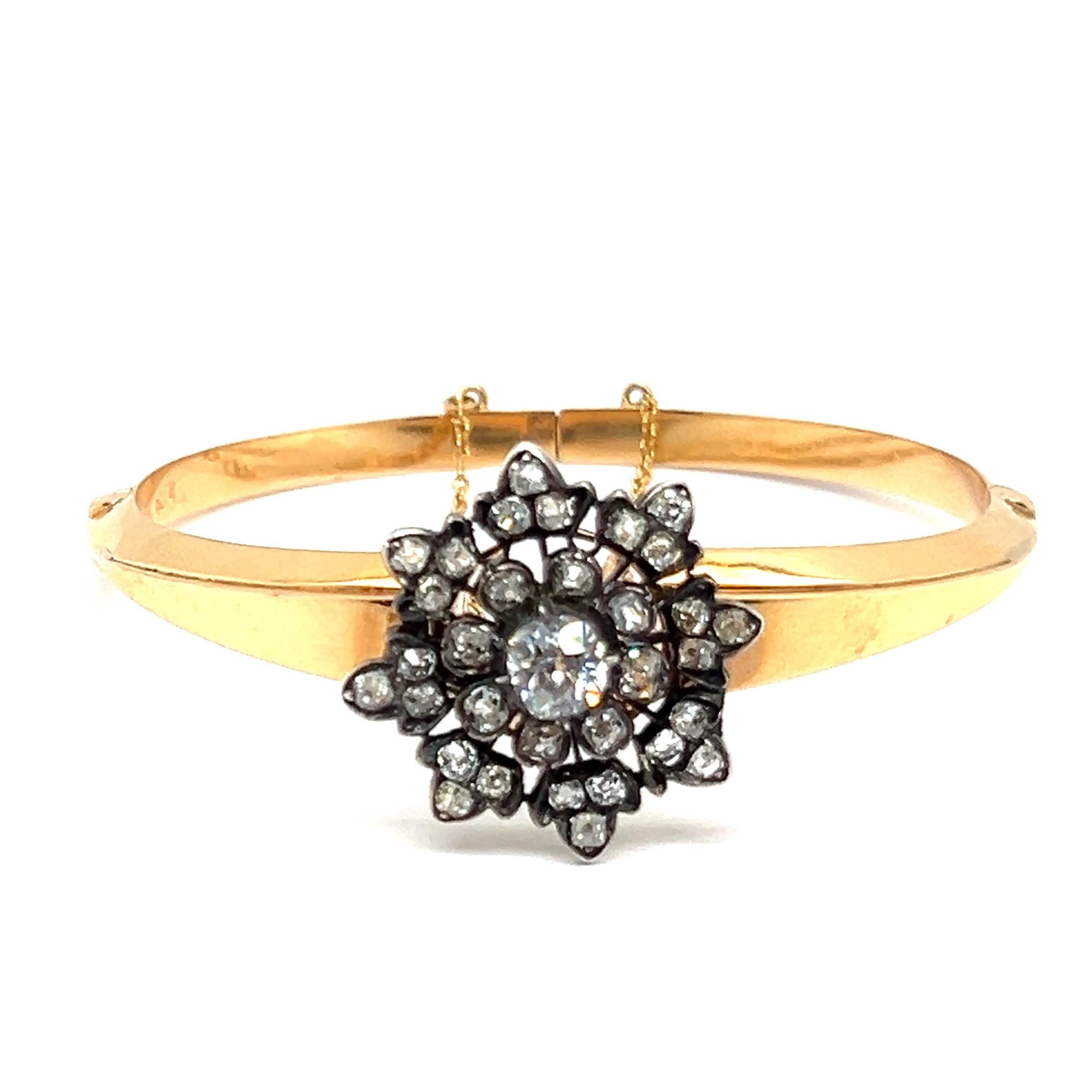 Old European Cut Belle Époque Bracelet with Old Cut Diamonds in Yellow Gold & Silver For Sale