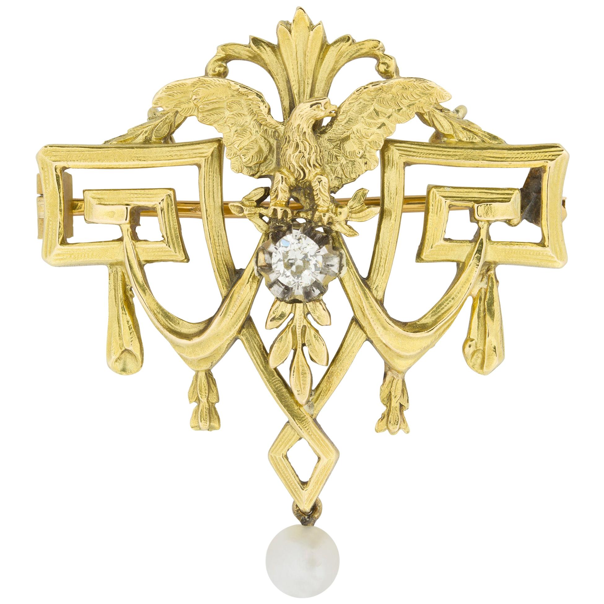 Belle Époque Carved Yellow Gold Eagle Brooch For Sale