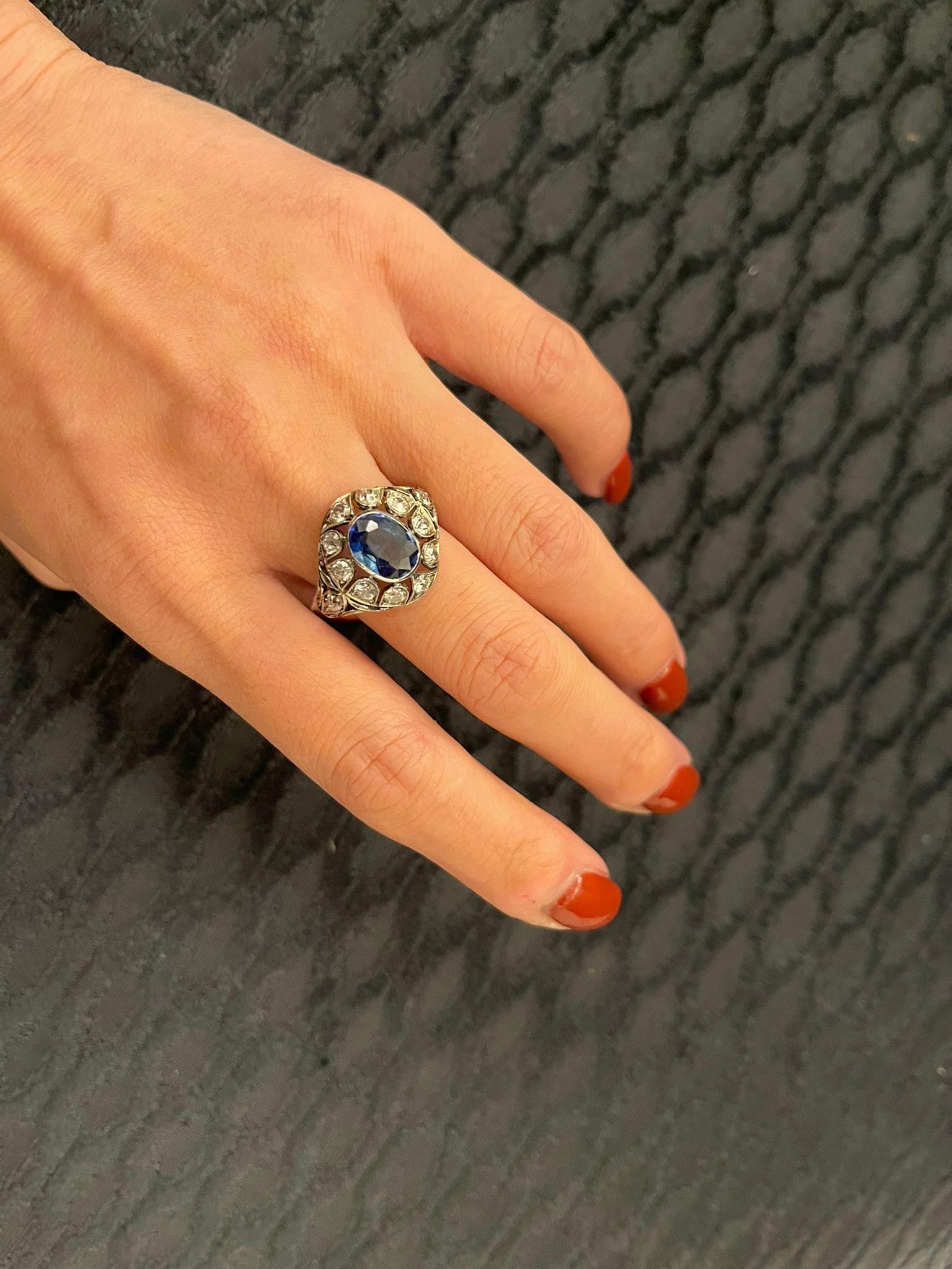 Belle Époque Certified 2.44 Carat Unheated Sapphire Diamond Gold Ring For Sale 7